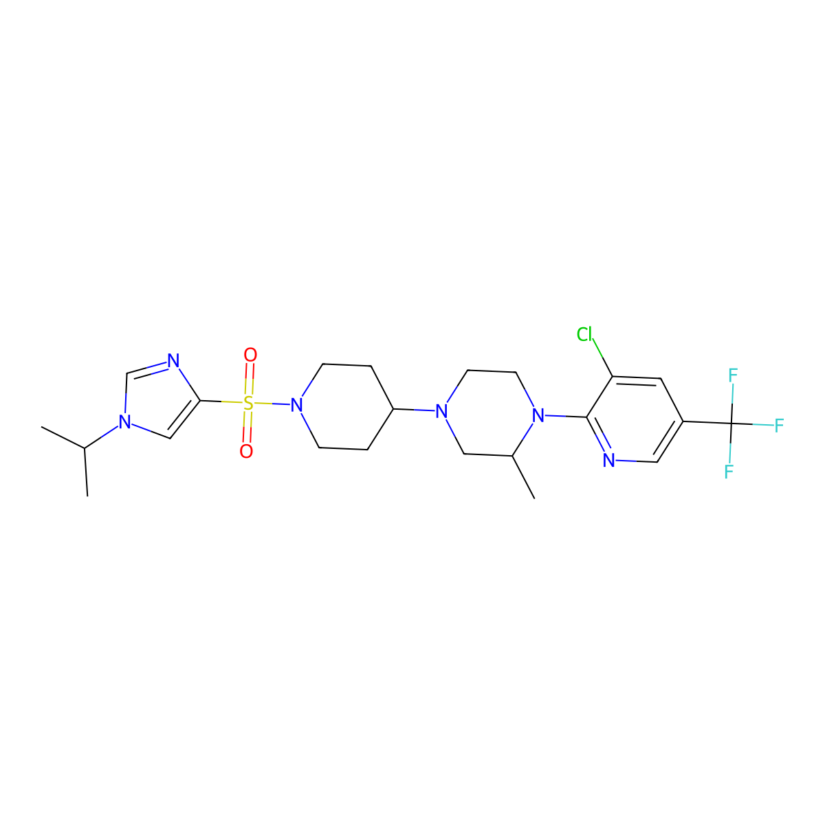1-[3-chloro-5-(trifluoromethyl)pyridin-2-yl]-2-methyl-4-(1-{[1-(propan-2-yl)-1H-imidazol-4-yl]sulfonyl}piperidin-4-yl)piperazine molecular structure, CAS 2097933-98-5