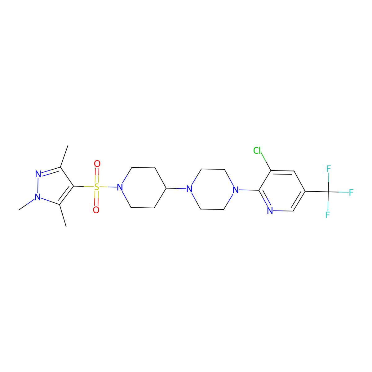 1-[3-chloro-5-(trifluoromethyl)pyridin-2-yl]-4-{1-[(1,3,5-trimethyl-1H-pyrazol-4-yl)sulfonyl]piperidin-4-yl}piperazine molecular structure, CAS 2097934-17-1