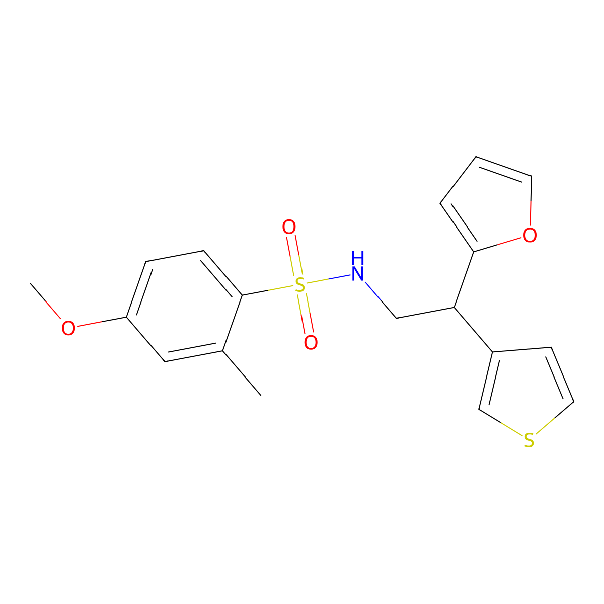 N-[2-(furan-2-yl)-2-(thiophen-3-yl)ethyl]-4-methoxy-2-methylbenzene-1-sulfonamide molecular structure, CAS 2097934-22-8