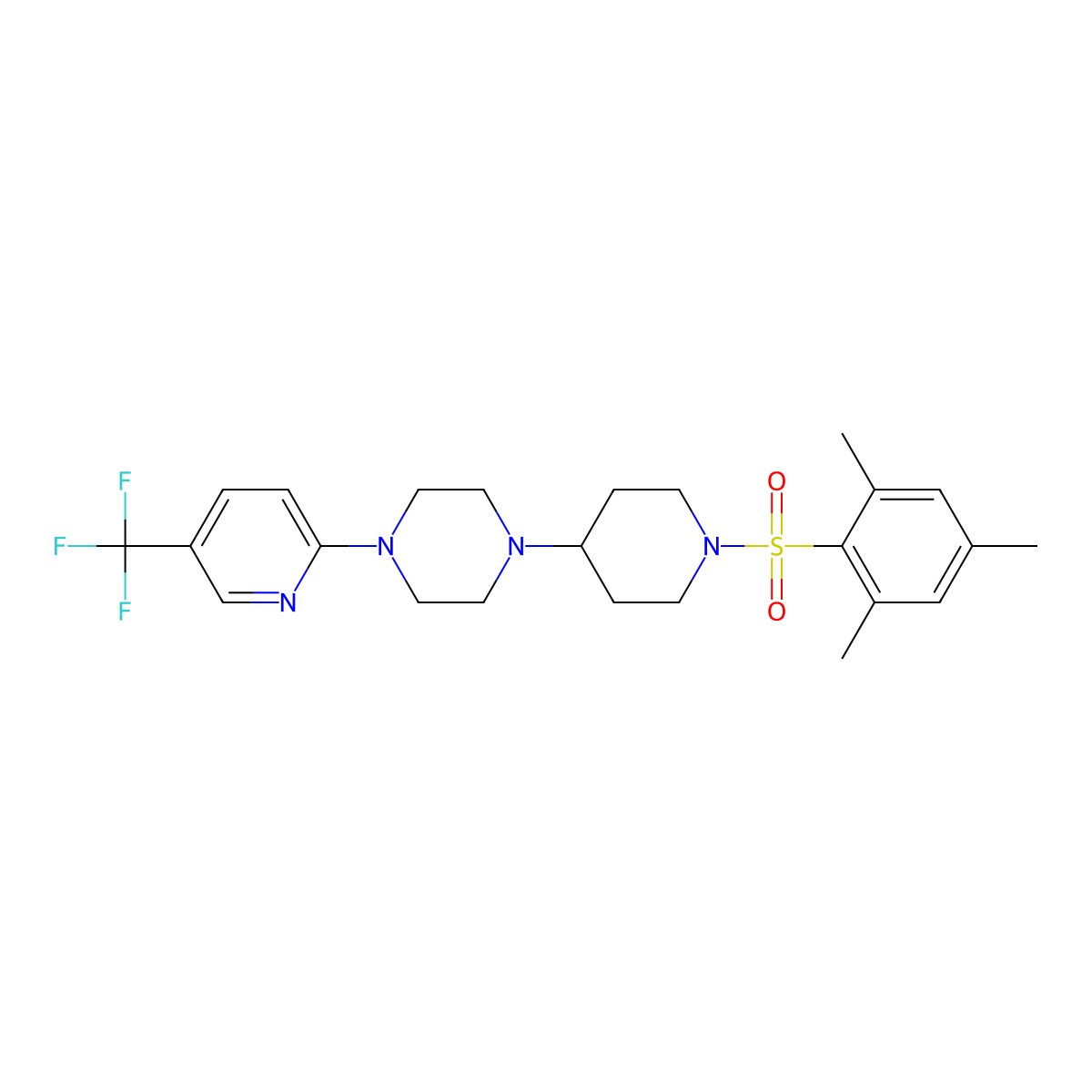 1-[5-(Trifluoromethyl)pyridin-2-yl]-4-[1-(2,4,6-trimethylbenzenesulfonyl)piperidin-4-yl]piperazine molecular structure, CAS 2097934-39-7