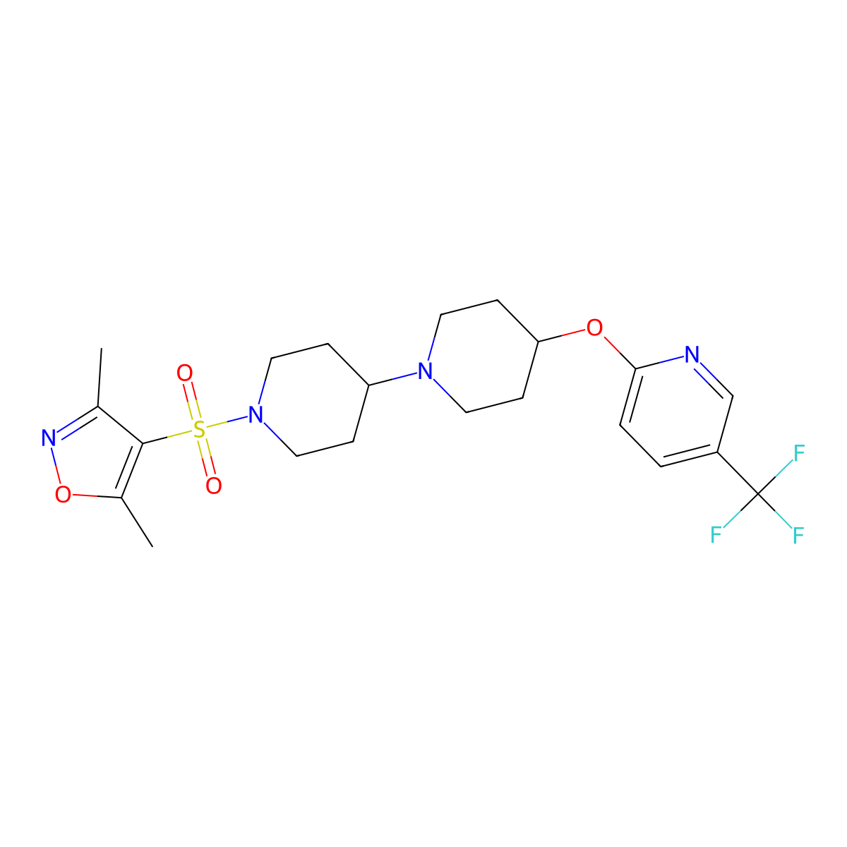 1'-[(3,5-Dimethyl-1,2-oxazol-4-yl)sulfonyl]-4-{[5-(trifluoromethyl)pyridin-2-yl]oxy}-1,4'-bipiperidine molecular structure, CAS 2097934-46-6