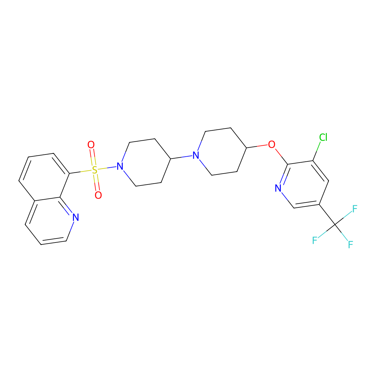 4-{[3-Chloro-5-(trifluoromethyl)pyridin-2-yl]oxy}-1'-(quinoline-8-sulfonyl)-1,4'-bipiperidine molecular structure, CAS 2097934-52-4