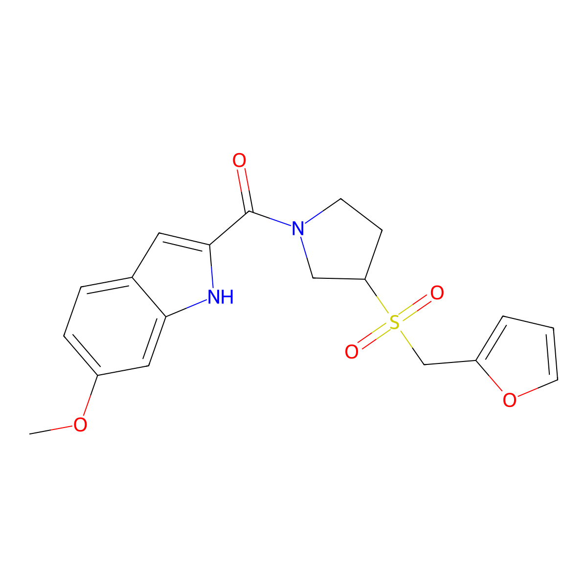 2-{3-[(furan-2-yl)methanesulfonyl]pyrrolidine-1-carbonyl}-6-methoxy-1H-indole molecular structure, CAS 2097934-71-7