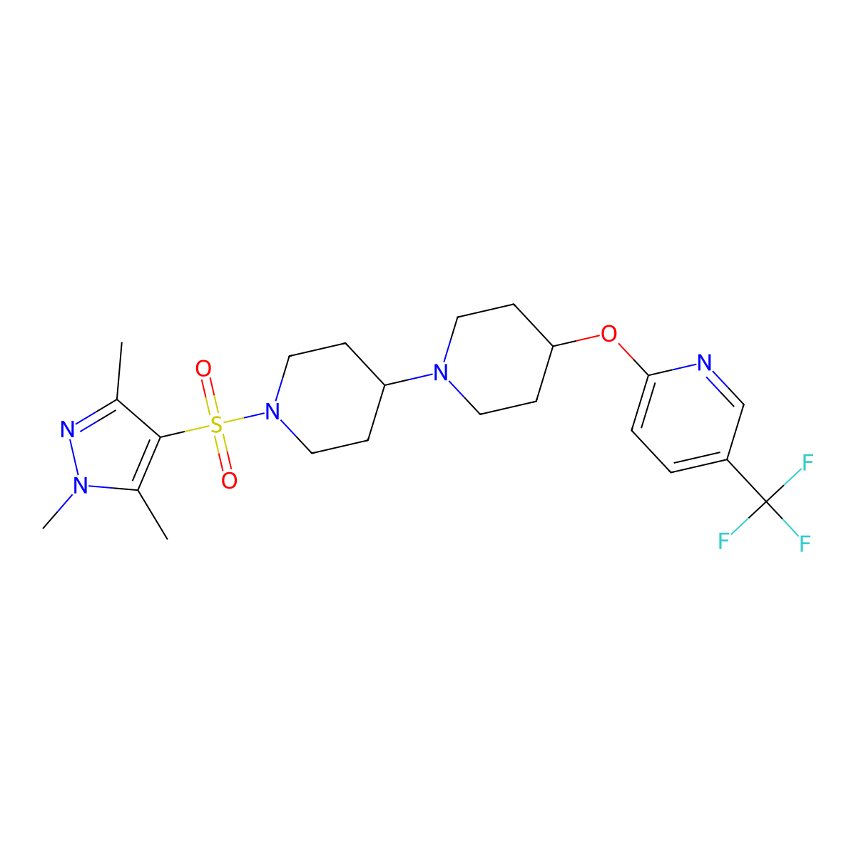 4-{[5-(trifluoromethyl)pyridin-2-yl]oxy}-1'-[(1,3,5-trimethyl-1H-pyrazol-4-yl)sulfonyl]-1,4'-bipiperidine molecular structure, CAS 2097934-81-9