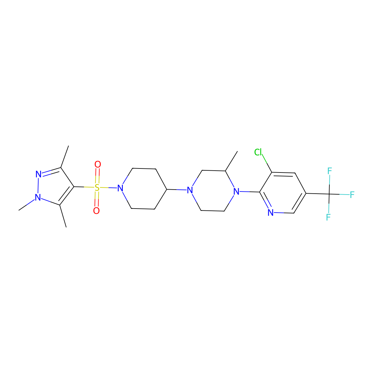 1-[3-chloro-5-(trifluoromethyl)pyridin-2-yl]-2-methyl-4-{1-[(1,3,5-trimethyl-1H-pyrazol-4-yl)sulfonyl]piperidin-4-yl}piperazine molecular structure, CAS 2097934-91-1