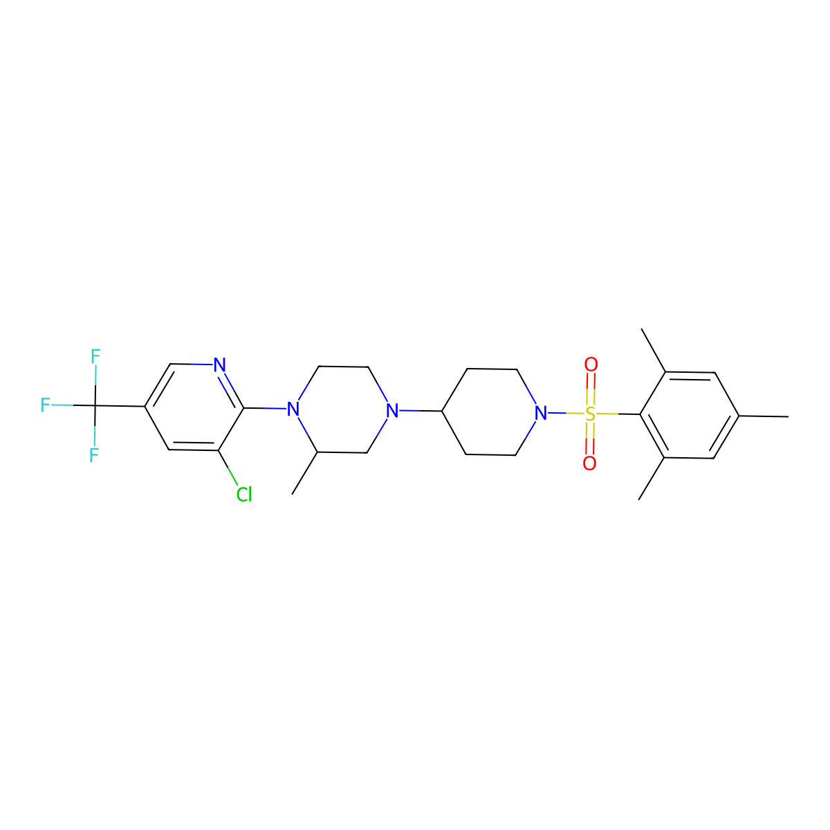 1-[3-Chloro-5-(trifluoromethyl)pyridin-2-yl]-2-methyl-4-[1-(2,4,6-trimethylbenzenesulfonyl)piperidin-4-yl]piperazine molecular structure, CAS 2097934-92-2