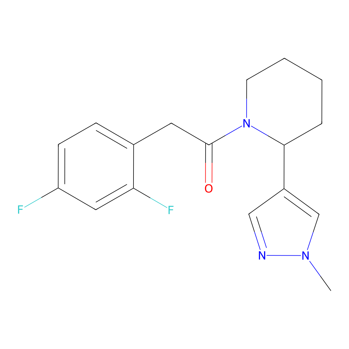 2-(2,4-difluorophenyl)-1-[2-(1-methyl-1H-pyrazol-4-yl)piperidin-1-yl]ethan-1-one molecular structure, CAS 2097935-16-3