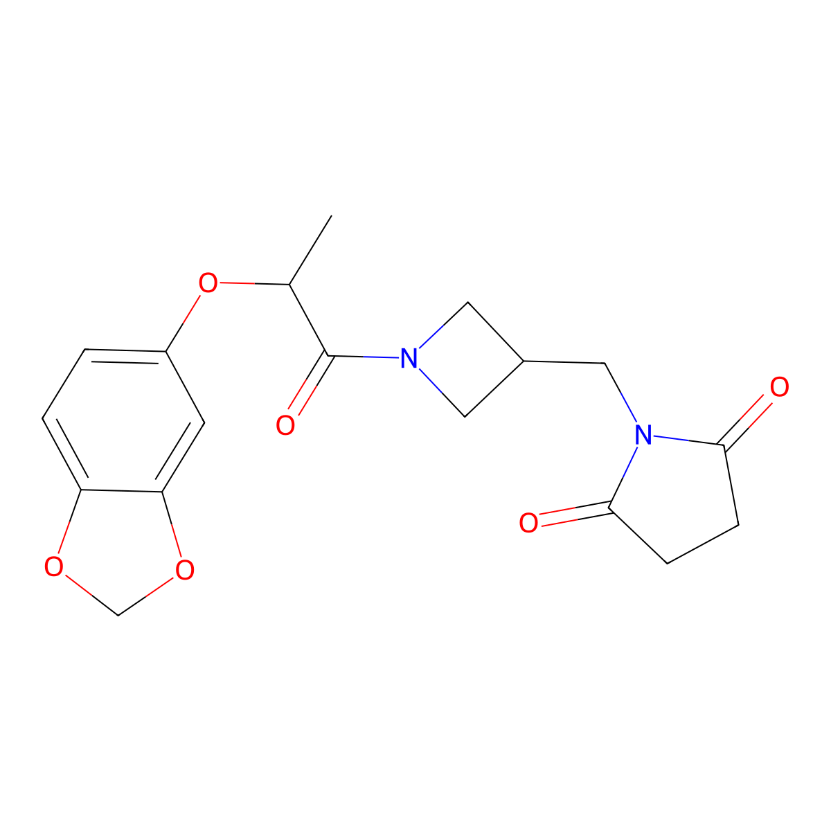 1-({1-[2-(2H-1,3-benzodioxol-5-yloxy)propanoyl]azetidin-3-yl}methyl)pyrrolidine-2,5-dione molecular structure, CAS 2097935-25-4