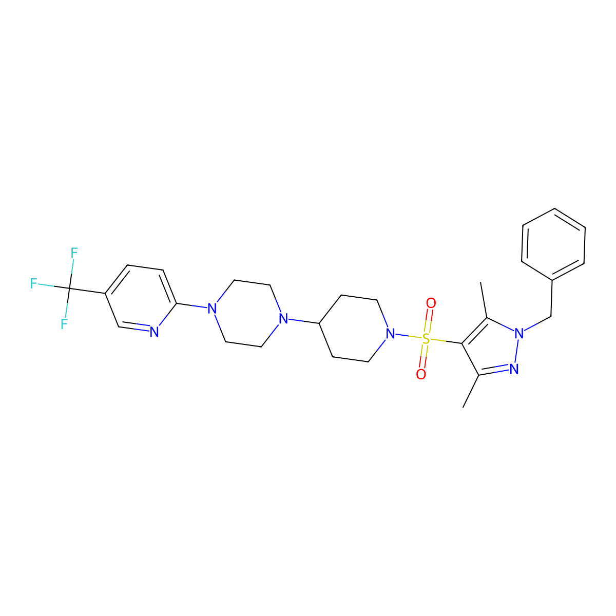 1-{1-[(1-benzyl-3,5-dimethyl-1H-pyrazol-4-yl)sulfonyl]piperidin-4-yl}-4-[5-(trifluoromethyl)pyridin-2-yl]piperazine molecular structure, CAS 2097935-26-5