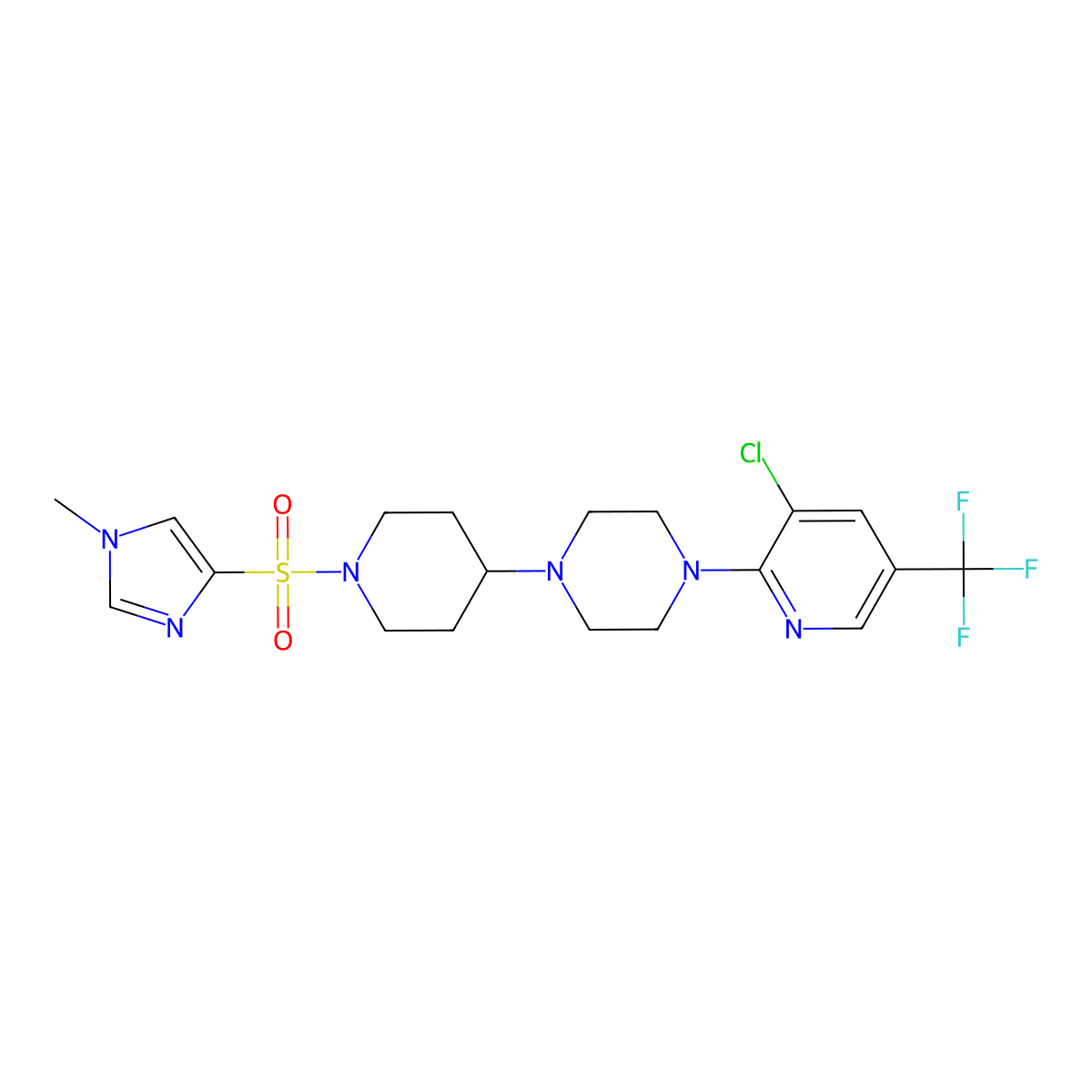 1-[3-chloro-5-(trifluoromethyl)pyridin-2-yl]-4-{1-[(1-methyl-1H-imidazol-4-yl)sulfonyl]piperidin-4-yl}piperazine molecular structure, CAS 2097935-27-6