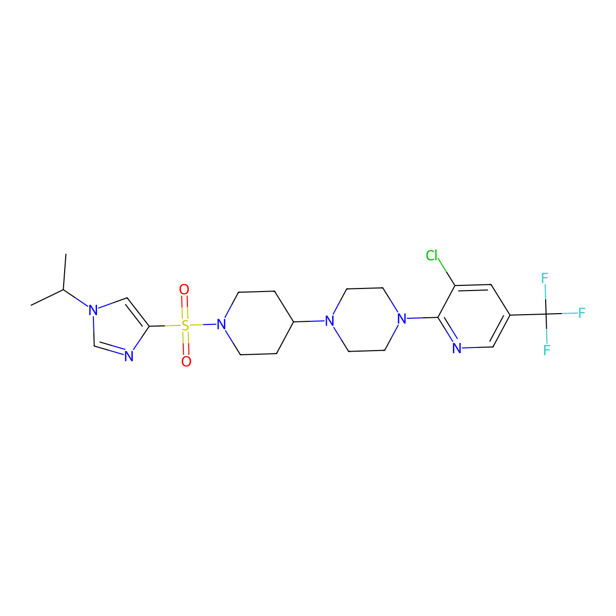 1-[3-chloro-5-(trifluoromethyl)pyridin-2-yl]-4-(1-{[1-(propan-2-yl)-1H-imidazol-4-yl]sulfonyl}piperidin-4-yl)piperazine molecular structure, CAS 2097935-29-8