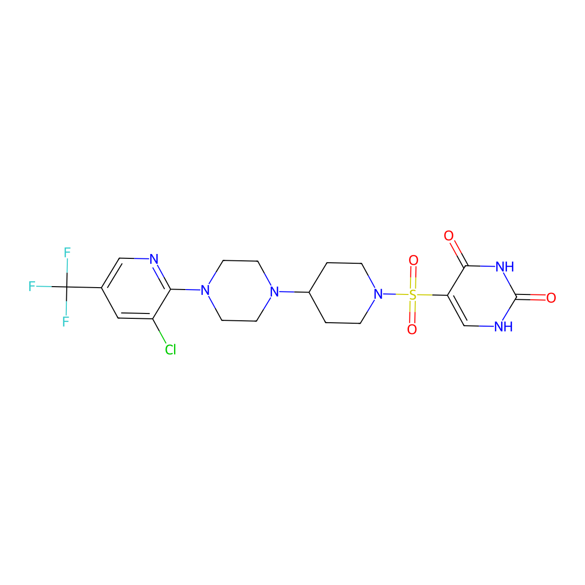 5-[(4-{4-[3-Chloro-5-(trifluoromethyl)pyridin-2-yl]piperazin-1-yl}piperidin-1-yl)sulfonyl]-1,2,3,4-tetrahydropyrimidine-2,4-dione molecular structure, CAS 2097935-35-6