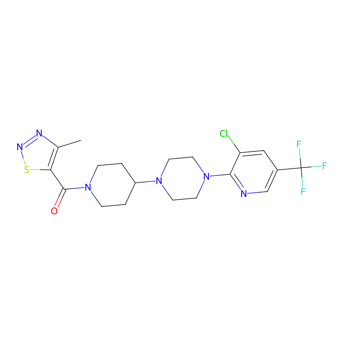 1-[3-Chloro-5-(trifluoromethyl)pyridin-2-yl]-4-[1-(4-methyl-1,2,3-thiadiazole-5-carbonyl)piperidin-4-yl]piperazine molecular structure, CAS 2097935-36-7
