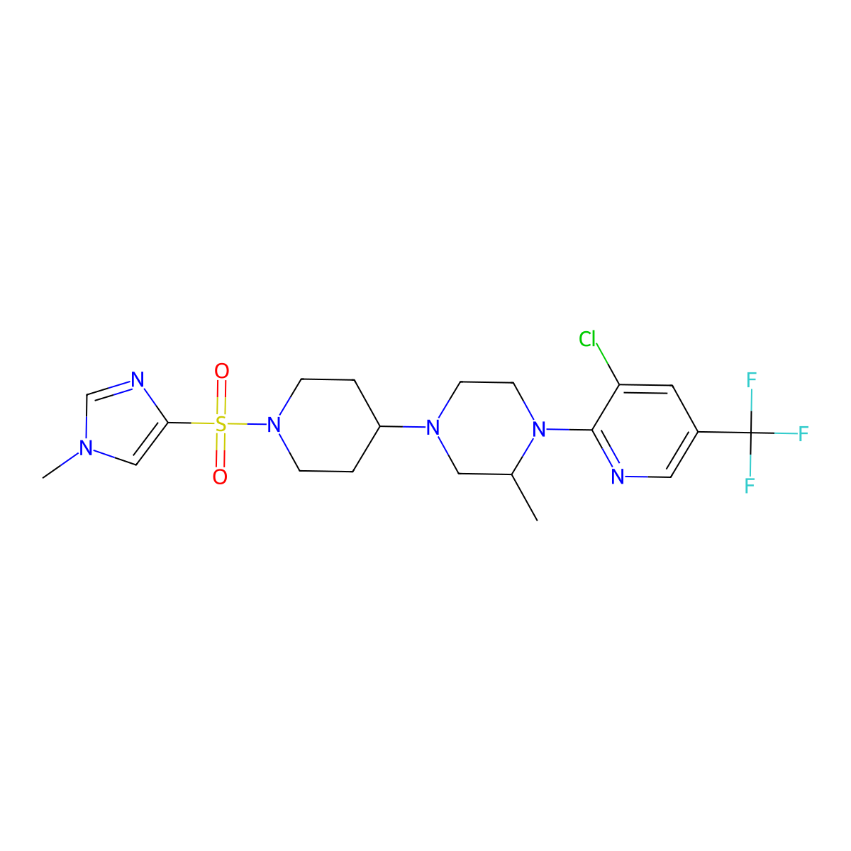 1-[3-chloro-5-(trifluoromethyl)pyridin-2-yl]-2-methyl-4-{1-[(1-methyl-1H-imidazol-4-yl)sulfonyl]piperidin-4-yl}piperazine molecular structure, CAS 2097935-38-9