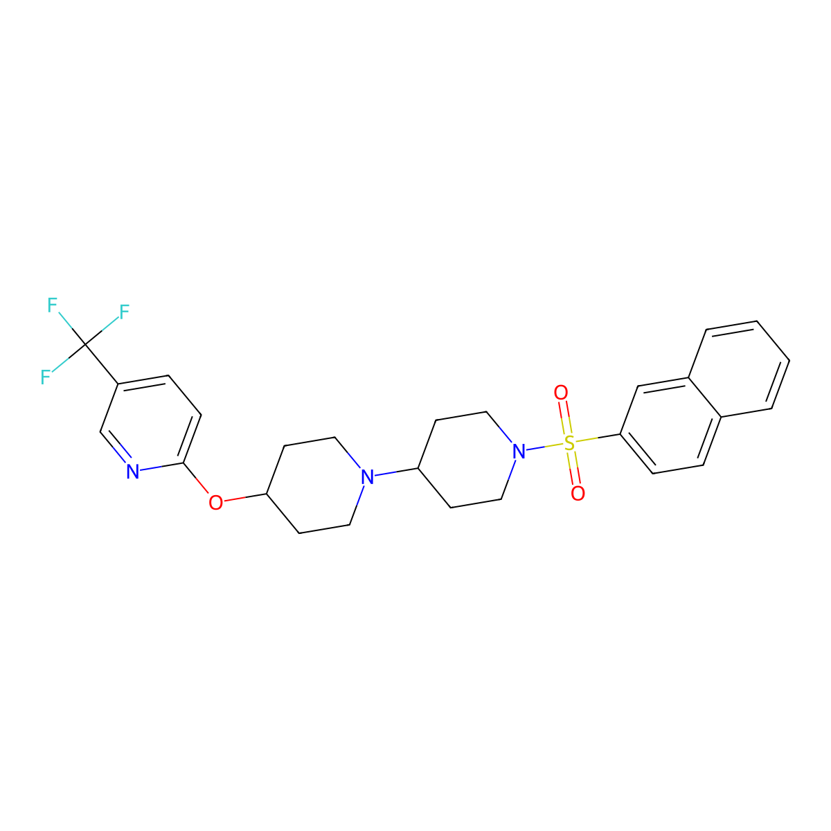 1'-(Naphthalene-2-sulfonyl)-4-{[5-(trifluoromethyl)pyridin-2-yl]oxy}-1,4'-bipiperidine molecular structure, CAS 2097935-44-7