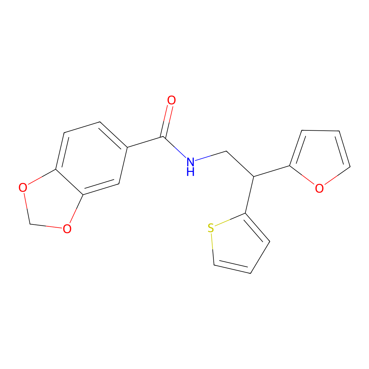 N-[2-(furan-2-yl)-2-(thiophen-2-yl)ethyl]-2H-1,3-benzodioxole-5-carboxamide molecular structure, CAS 2097935-49-2