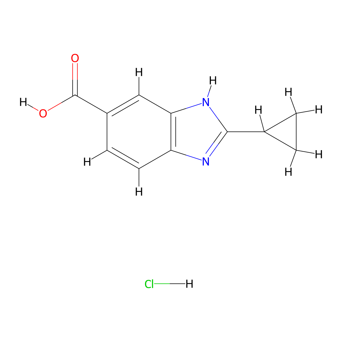 2-cyclopropyl-1H-1,3-benzodiazole-5-carboxylic acid hydrochloride molecular structure, CAS 2097935-54-9
