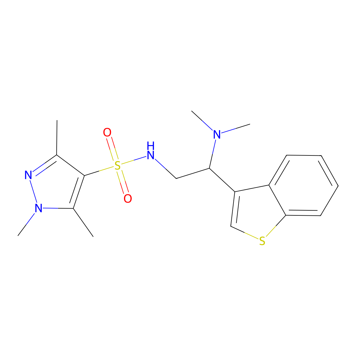 N-[2-(1-benzothiophen-3-yl)-2-(dimethylamino)ethyl]-1,3,5-trimethyl-1H-pyrazole-4-sulfonamide molecular structure, CAS 2097935-59-4