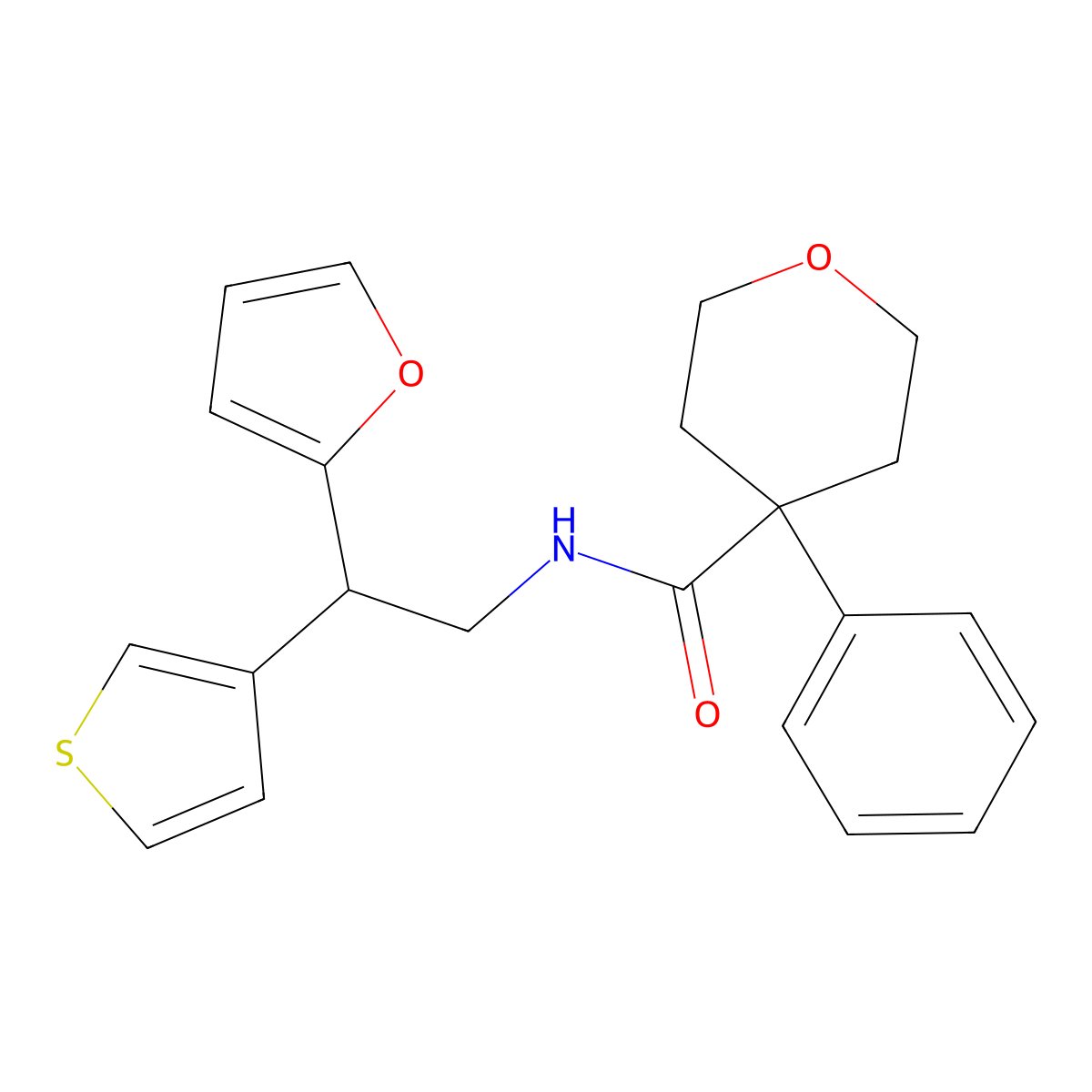 N-[2-(furan-2-yl)-2-(thiophen-3-yl)ethyl]-4-phenyloxane-4-carboxamide molecular structure, CAS 2097935-73-2