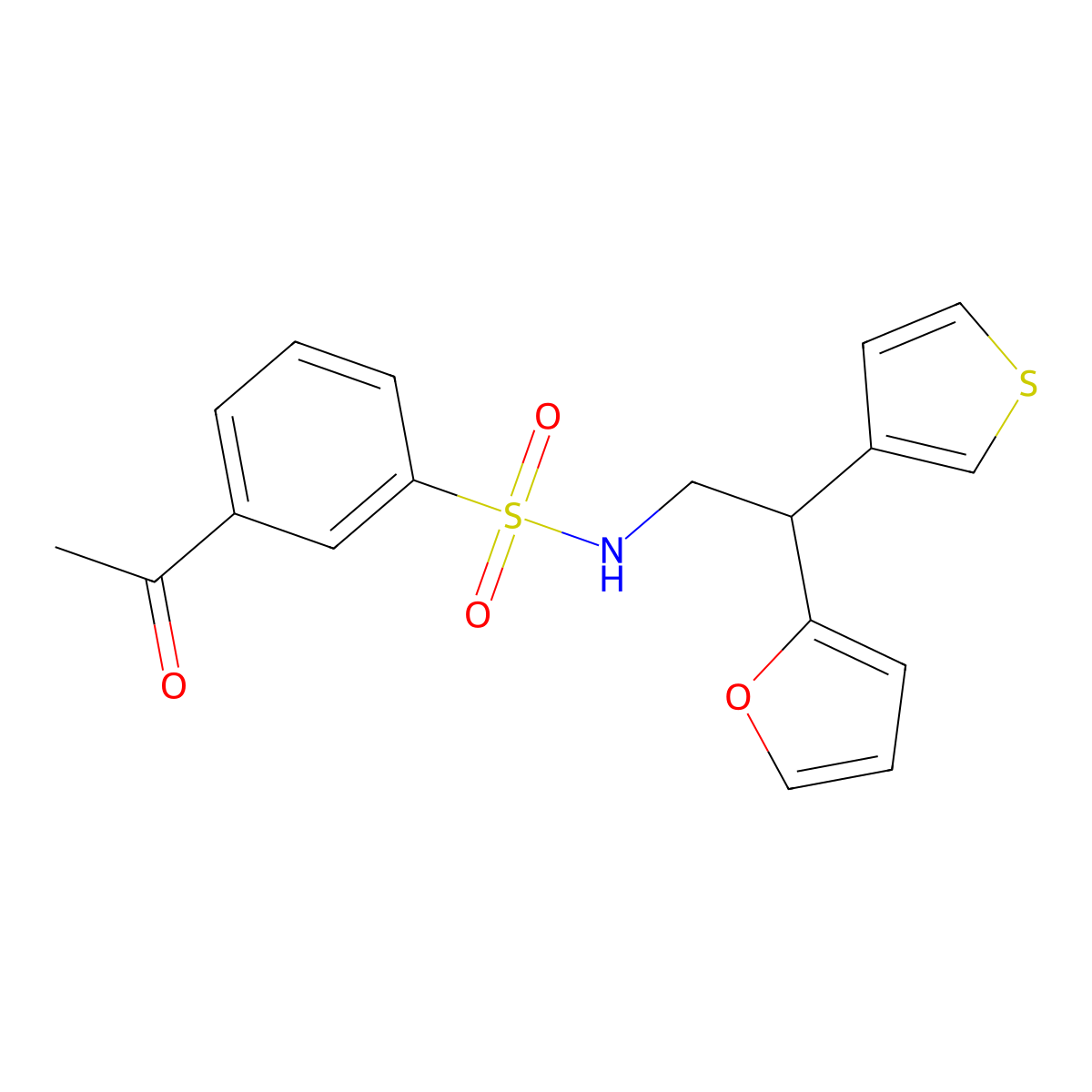 3-acetyl-N-[2-(furan-2-yl)-2-(thiophen-3-yl)ethyl]benzene-1-sulfonamide molecular structure, CAS 2097935-79-8