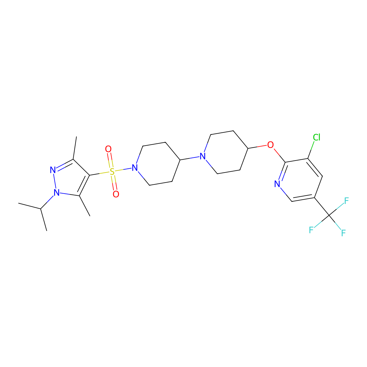 4-{[3-chloro-5-(trifluoromethyl)pyridin-2-yl]oxy}-1'-{[3,5-dimethyl-1-(propan-2-yl)-1H-pyrazol-4-yl]sulfonyl}-1,4'-bipiperidine molecular structure, CAS 2097935-83-4