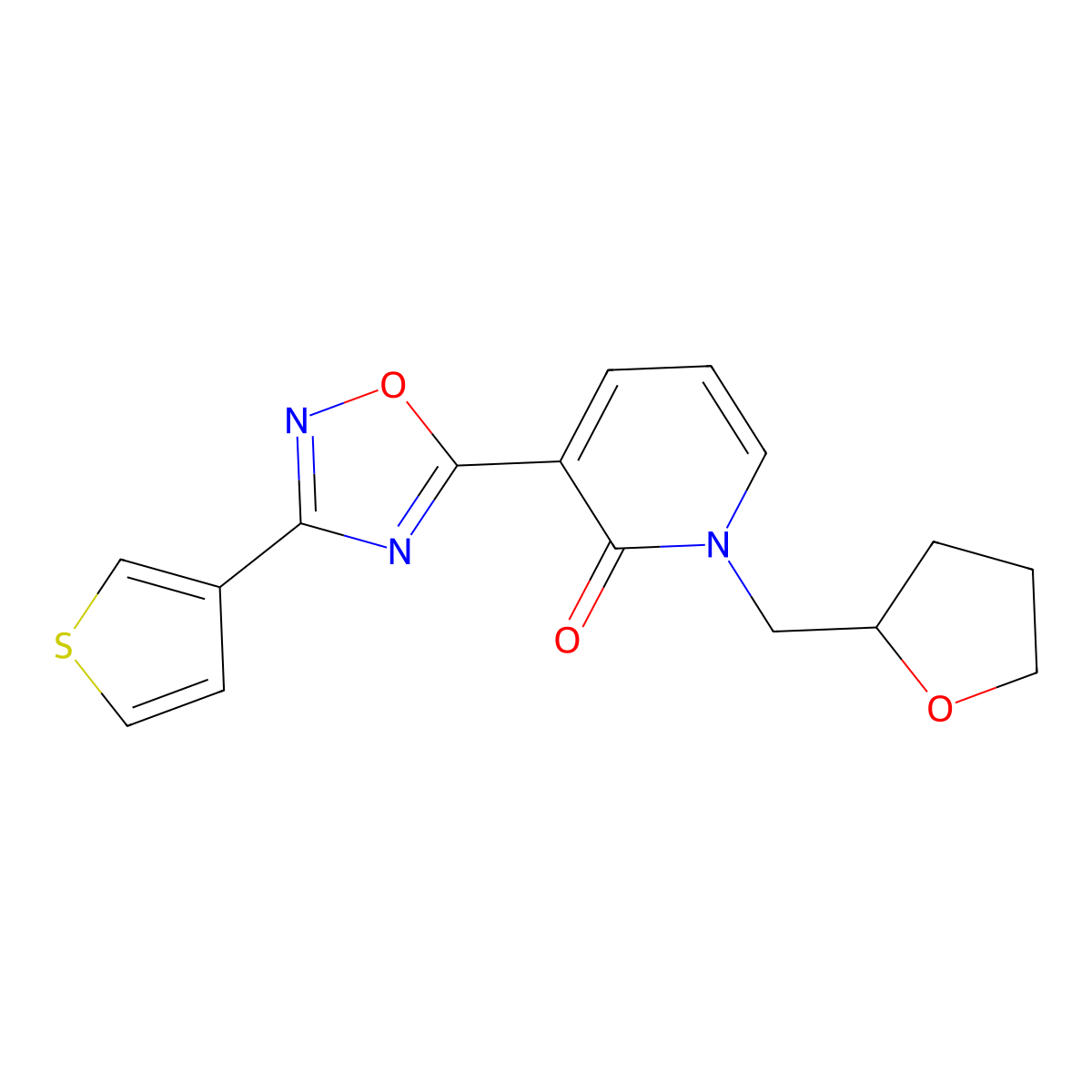 1-[(Oxolan-2-yl)methyl]-3-[3-(thiophen-3-yl)-1,2,4-oxadiazol-5-yl]-1,2-dihydropyridin-2-one molecular structure, CAS 2097935-90-3