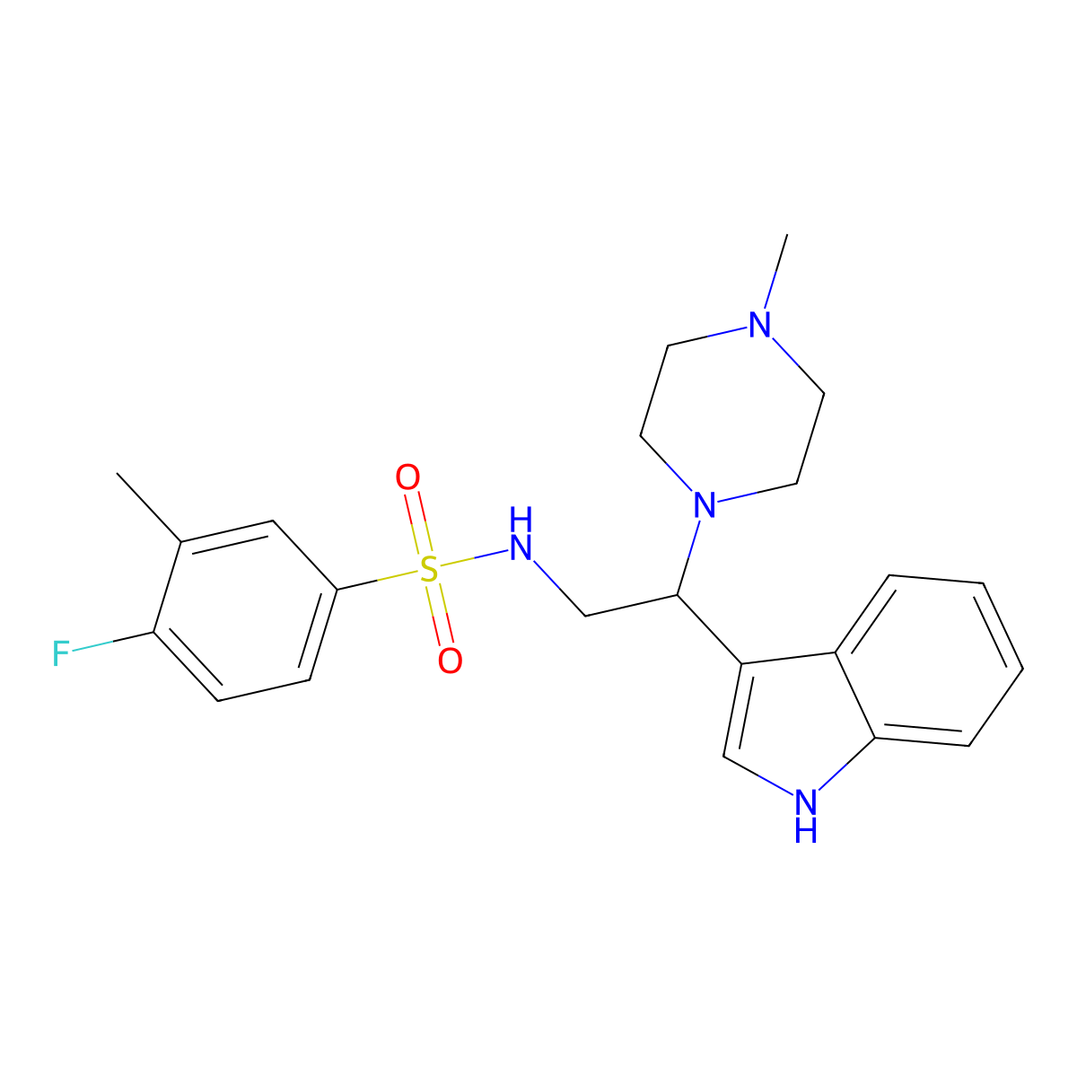 4-fluoro-N-[2-(1H-indol-3-yl)-2-(4-methylpiperazin-1-yl)ethyl]-3-methylbenzene-1-sulfonamide molecular structure, CAS 2097936-01-9