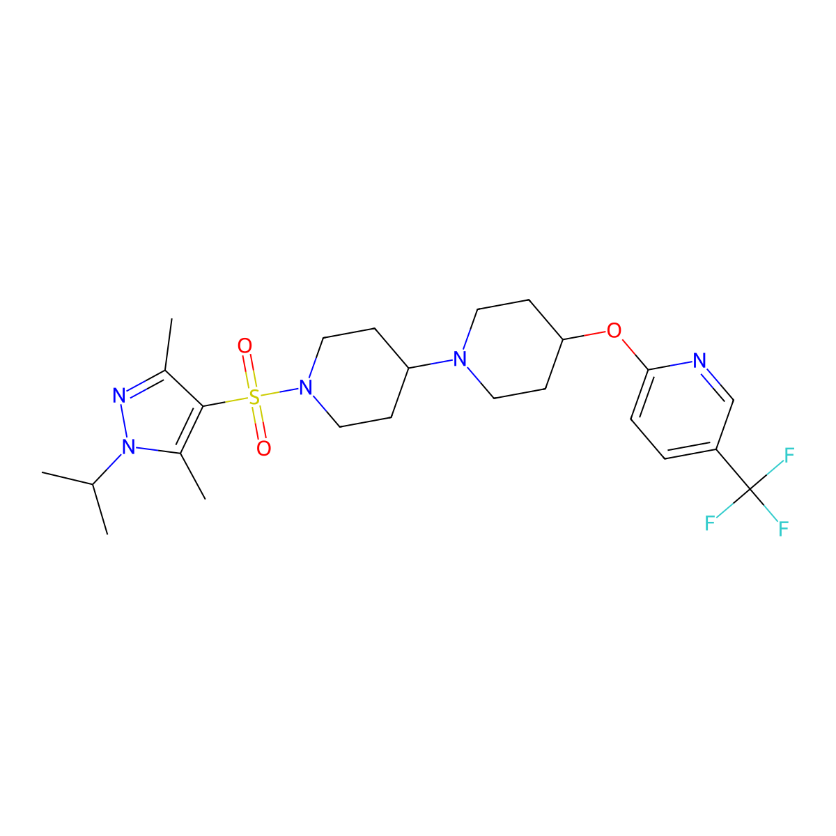 1'-{[3,5-dimethyl-1-(propan-2-yl)-1H-pyrazol-4-yl]sulfonyl}-4-{[5-(trifluoromethyl)pyridin-2-yl]oxy}-1,4'-bipiperidine molecular structure, CAS 2097936-10-0