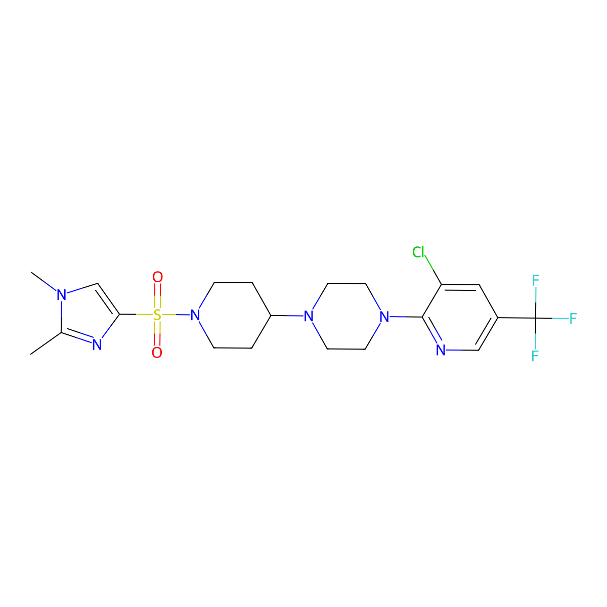 1-[3-chloro-5-(trifluoromethyl)pyridin-2-yl]-4-{1-[(1,2-dimethyl-1H-imidazol-4-yl)sulfonyl]piperidin-4-yl}piperazine molecular structure, CAS 2097936-11-1
