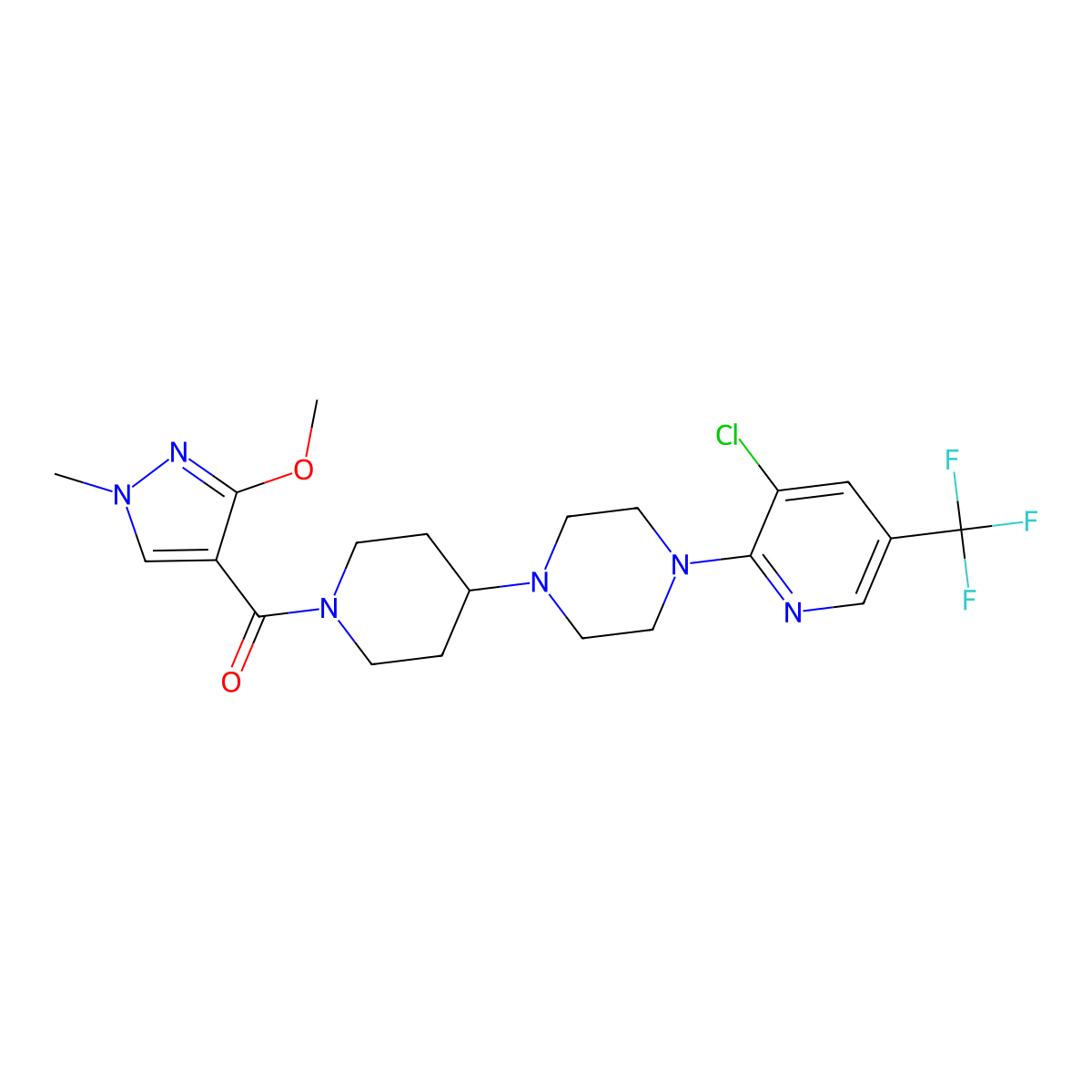 1-[3-chloro-5-(trifluoromethyl)pyridin-2-yl]-4-[1-(3-methoxy-1-methyl-1H-pyrazole-4-carbonyl)piperidin-4-yl]piperazine molecular structure, CAS 2097936-12-2