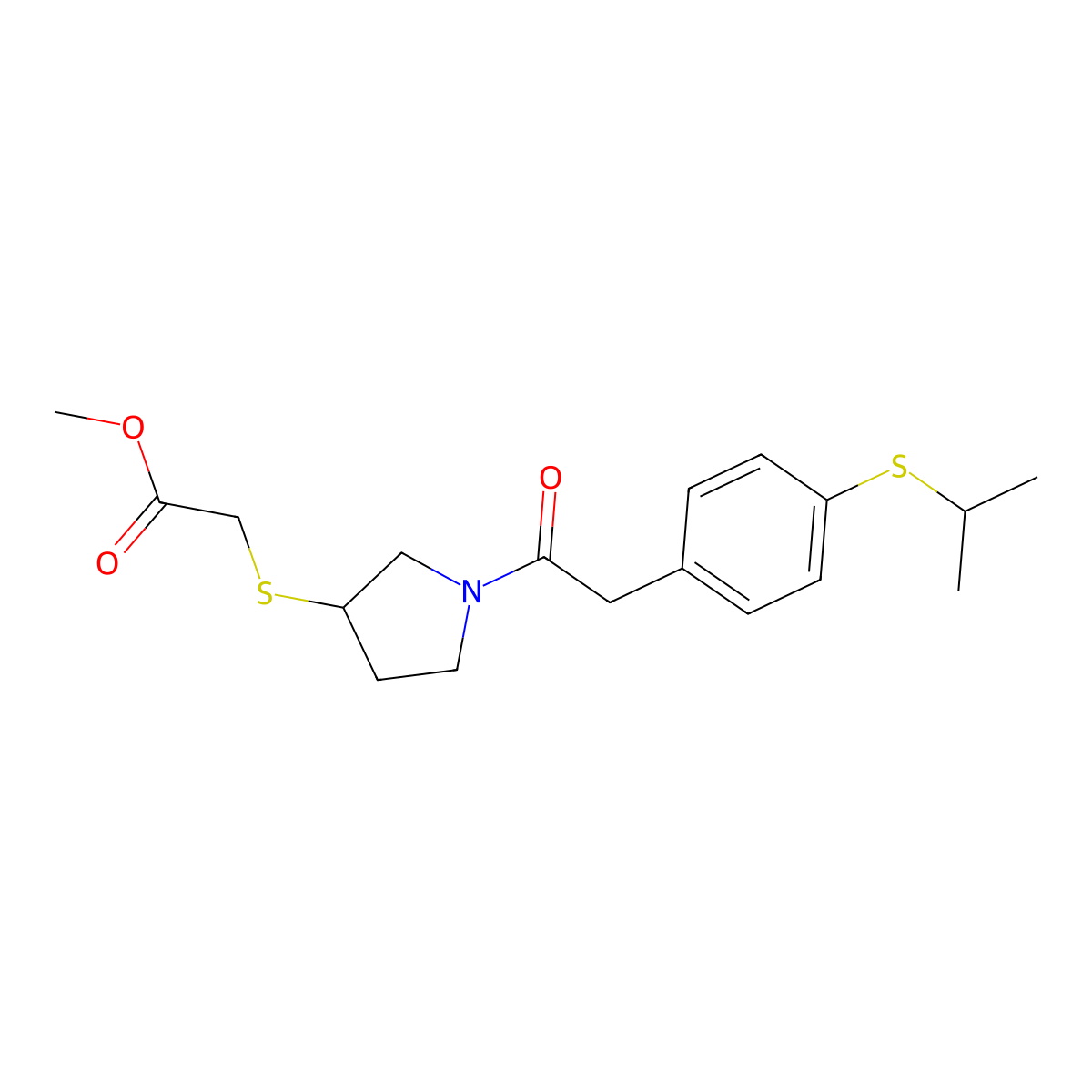 Methyl 2-[(1-{2-[4-(propan-2-ylsulfanyl)phenyl]acetyl}pyrrolidin-3-yl)sulfanyl]acetate molecular structure, CAS 2097936-42-8