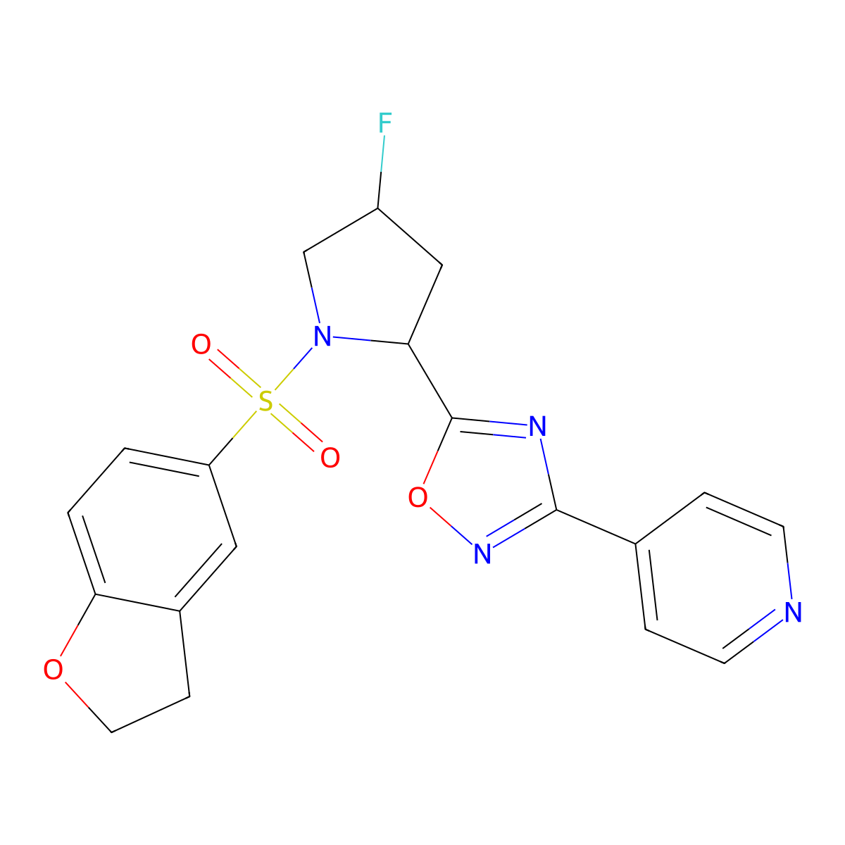 4-{5-[1-(2,3-Dihydro-1-benzofuran-5-sulfonyl)-4-fluoropyrrolidin-2-yl]-1,2,4-oxadiazol-3-yl}pyridine molecular structure, CAS 2097936-46-2