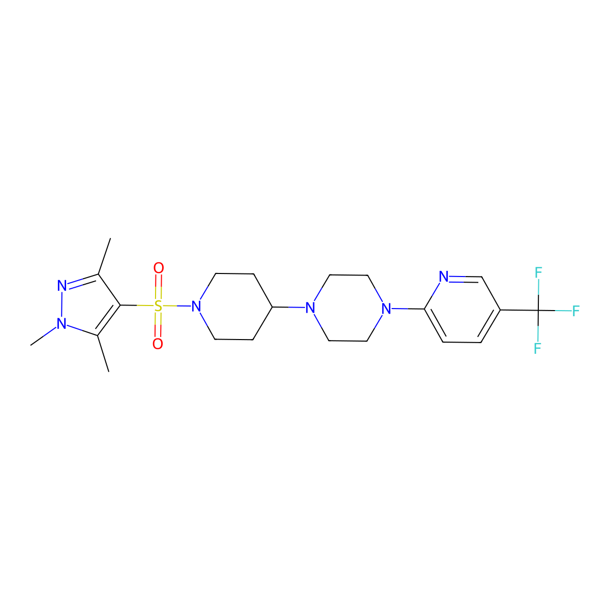 1-[5-(trifluoromethyl)pyridin-2-yl]-4-{1-[(1,3,5-trimethyl-1H-pyrazol-4-yl)sulfonyl]piperidin-4-yl}piperazine molecular structure, CAS 2097936-71-3