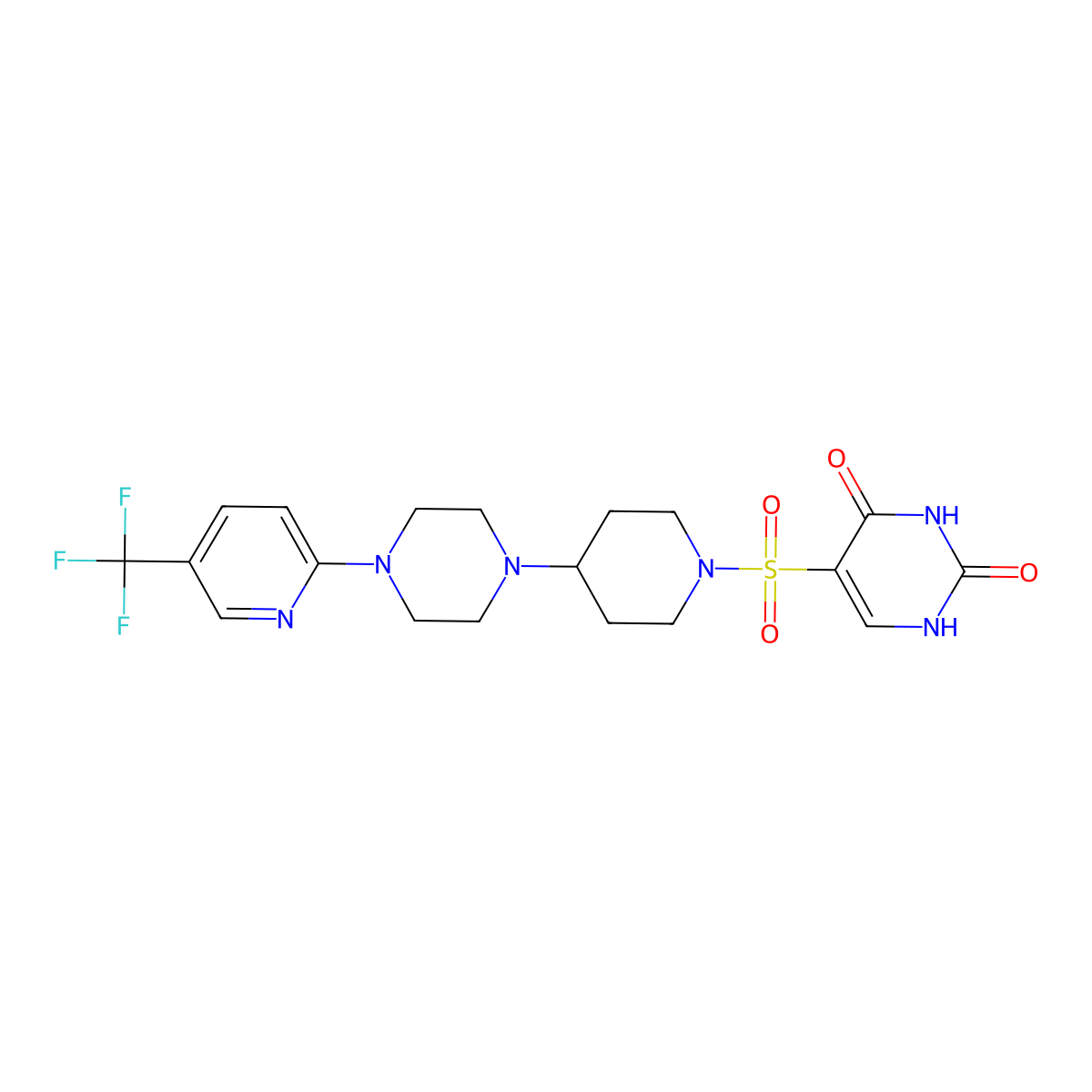 5-[(4-{4-[5-(Trifluoromethyl)pyridin-2-yl]piperazin-1-yl}piperidin-1-yl)sulfonyl]-1,2,3,4-tetrahydropyrimidine-2,4-dione molecular structure, CAS 2097936-73-5
