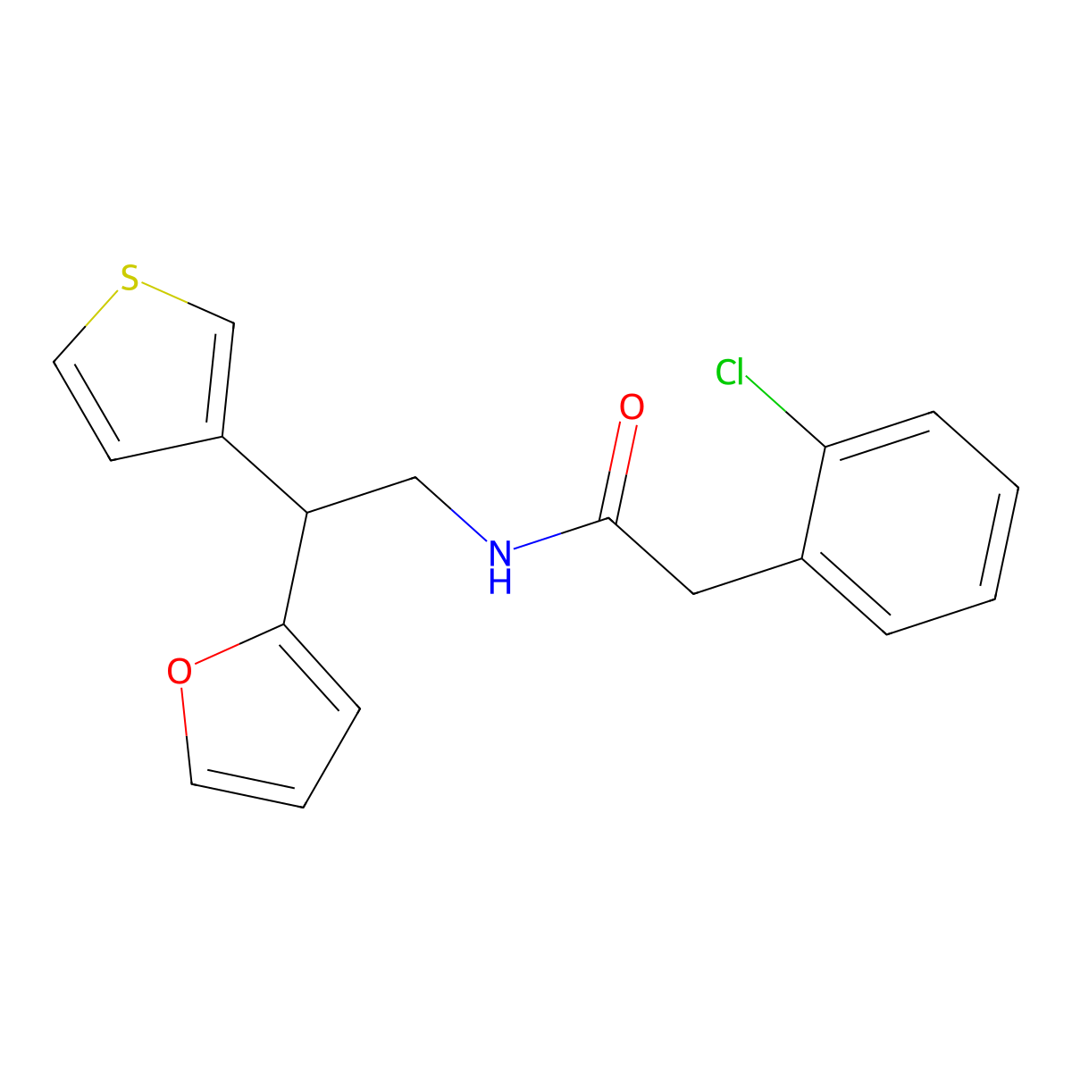 2-(2-chlorophenyl)-N-(2-(furan-2-yl)-2-(thiophen-3-yl)ethyl)acetamide molecular structure, CAS 2097937-12-5