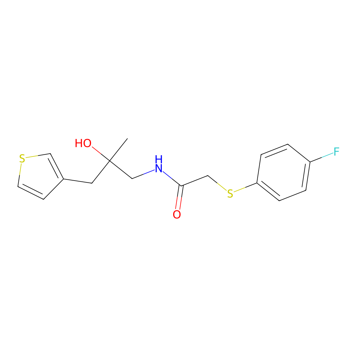 2-[(4-fluorophenyl)sulfanyl]-N-{2-hydroxy-2-[(thiophen-3-yl)methyl]propyl}acetamide molecular structure, CAS 2097937-16-9