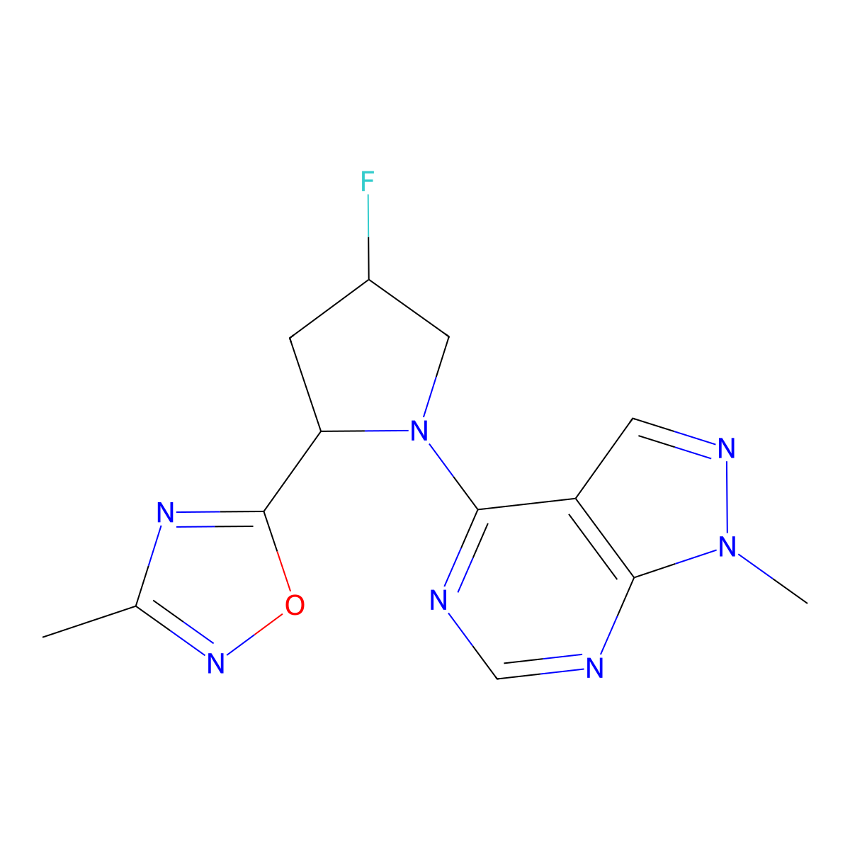 5-(4-fluoro-1-{1-methyl-1H-pyrazolo[3,4-d]pyrimidin-4-yl}pyrrolidin-2-yl)-3-methyl-1,2,4-oxadiazole molecular structure, CAS 2097937-34-1
