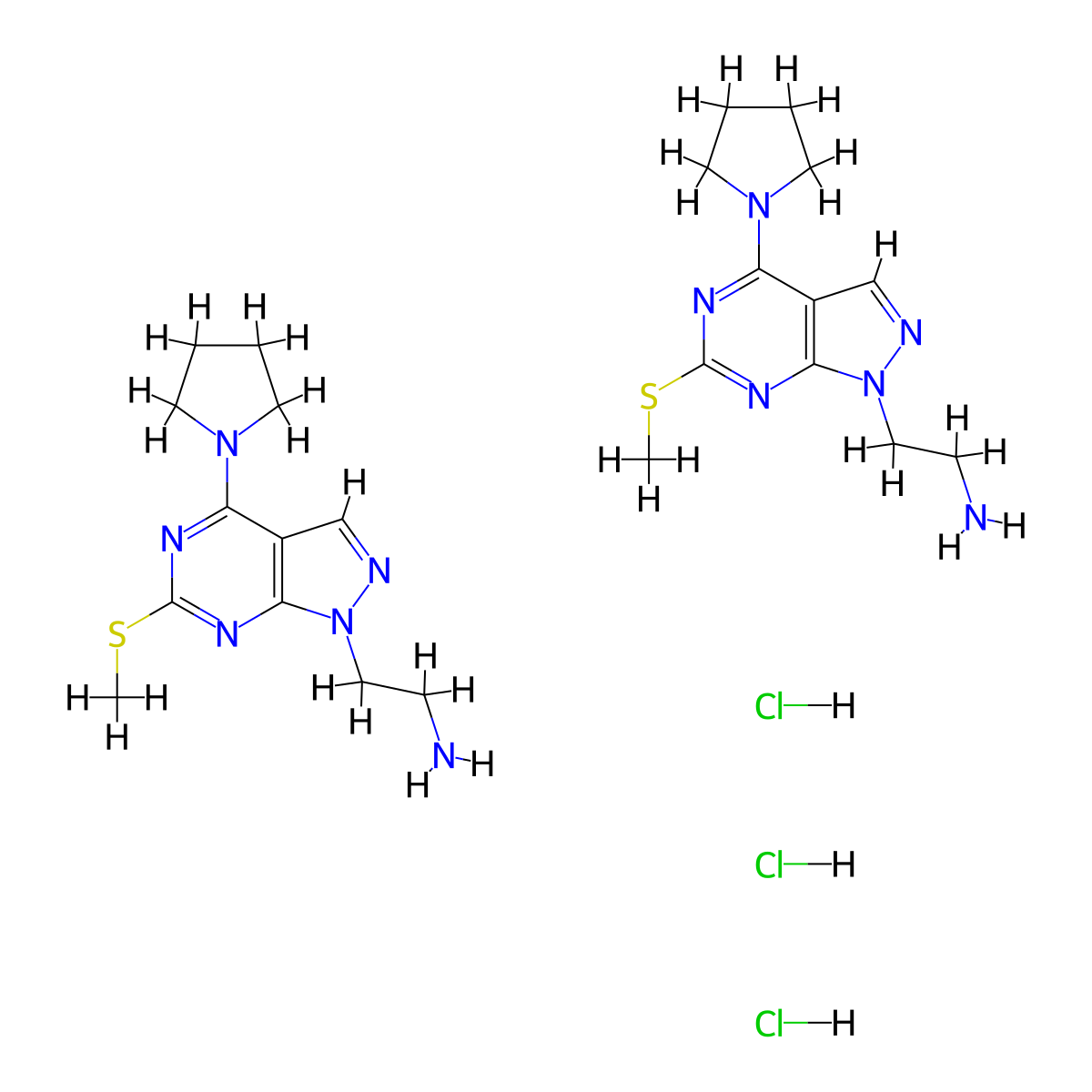 bis(2-[6-(methylsulfanyl)-4-(pyrrolidin-1-yl)-1H-pyrazolo[3,4-d]pyrimidin-1-yl]ethan-1-amine) trihydrochloride molecular structure, CAS 2097937-51-2