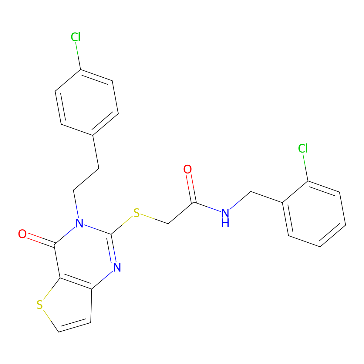 2-({3-[2-(4-chlorophenyl)ethyl]-4-oxo-3H,4H-thieno[3,2-d]pyrimidin-2-yl}sulfanyl)-N-[(2-chlorophenyl)methyl]acetamide molecular structure, CAS 2097937-81-8