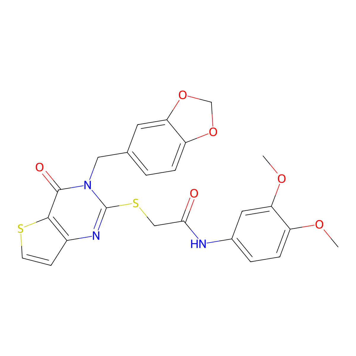 2-({3-[(2H-1,3-benzodioxol-5-yl)methyl]-4-oxo-3H,4H-thieno[3,2-d]pyrimidin-2-yl}sulfanyl)-N-(3,4-dimethoxyphenyl)acetamide molecular structure, CAS 2097937-82-9