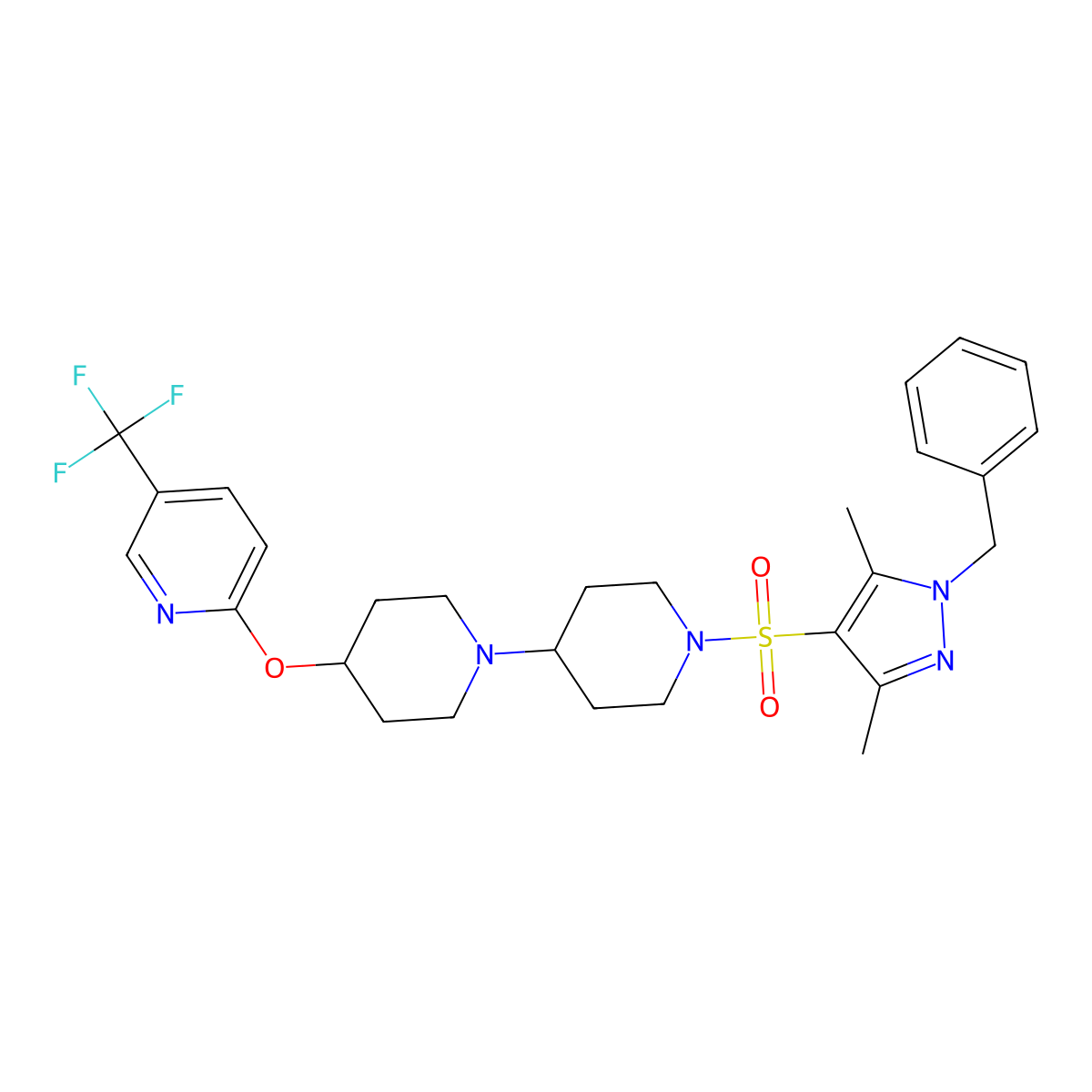 1'-[(1-benzyl-3,5-dimethyl-1H-pyrazol-4-yl)sulfonyl]-4-{[5-(trifluoromethyl)pyridin-2-yl]oxy}-1,4'-bipiperidine molecular structure, CAS 2097937-98-7