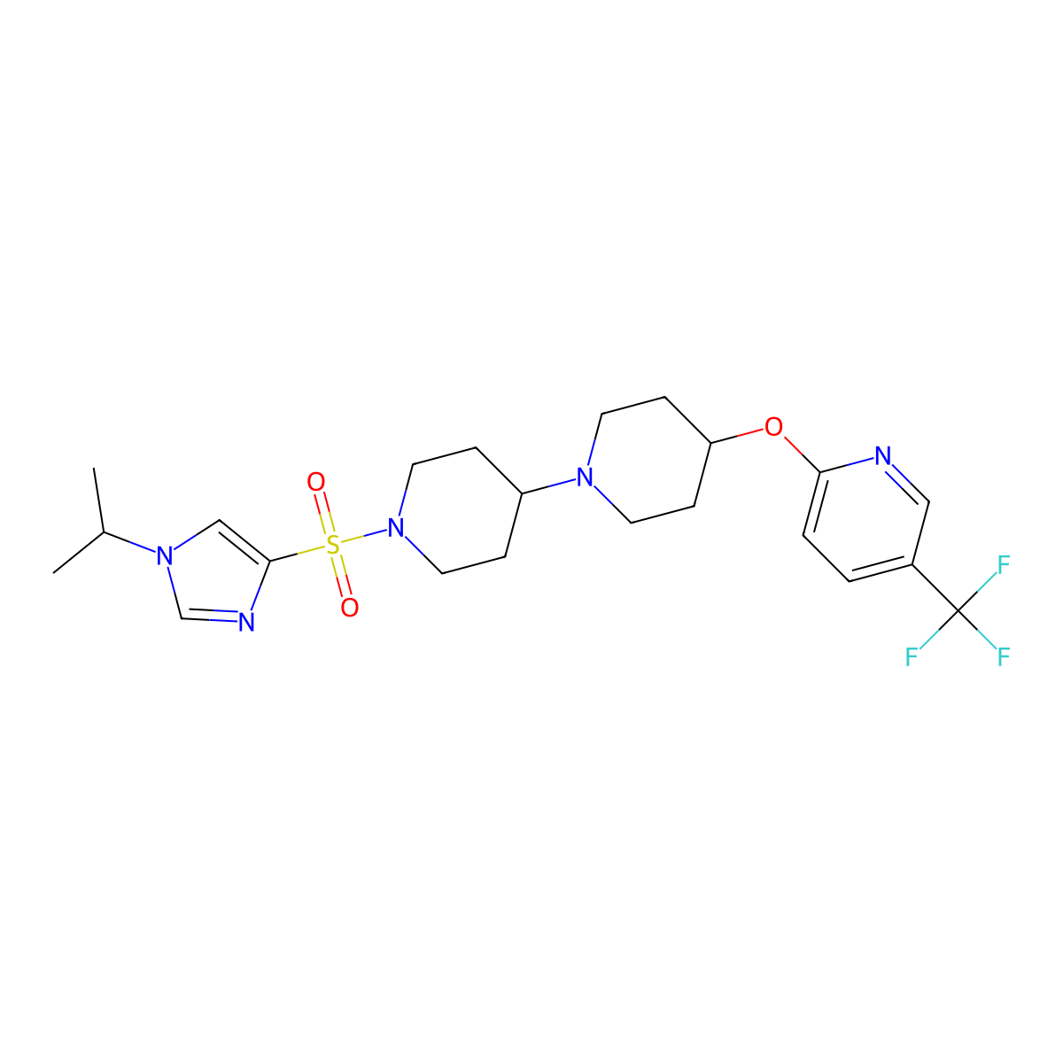 1'-{[1-(propan-2-yl)-1H-imidazol-4-yl]sulfonyl}-4-{[5-(trifluoromethyl)pyridin-2-yl]oxy}-1,4'-bipiperidine molecular structure, CAS 2097938-00-4