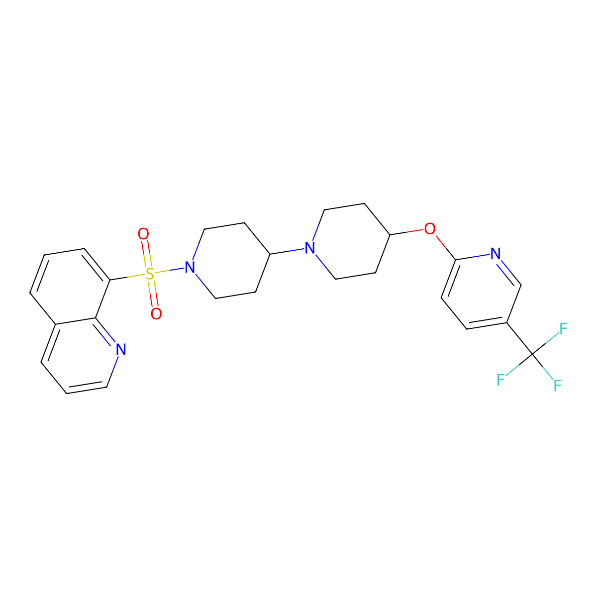 1'-(Quinoline-8-sulfonyl)-4-{[5-(trifluoromethyl)pyridin-2-yl]oxy}-1,4'-bipiperidine molecular structure, CAS 2097938-01-5