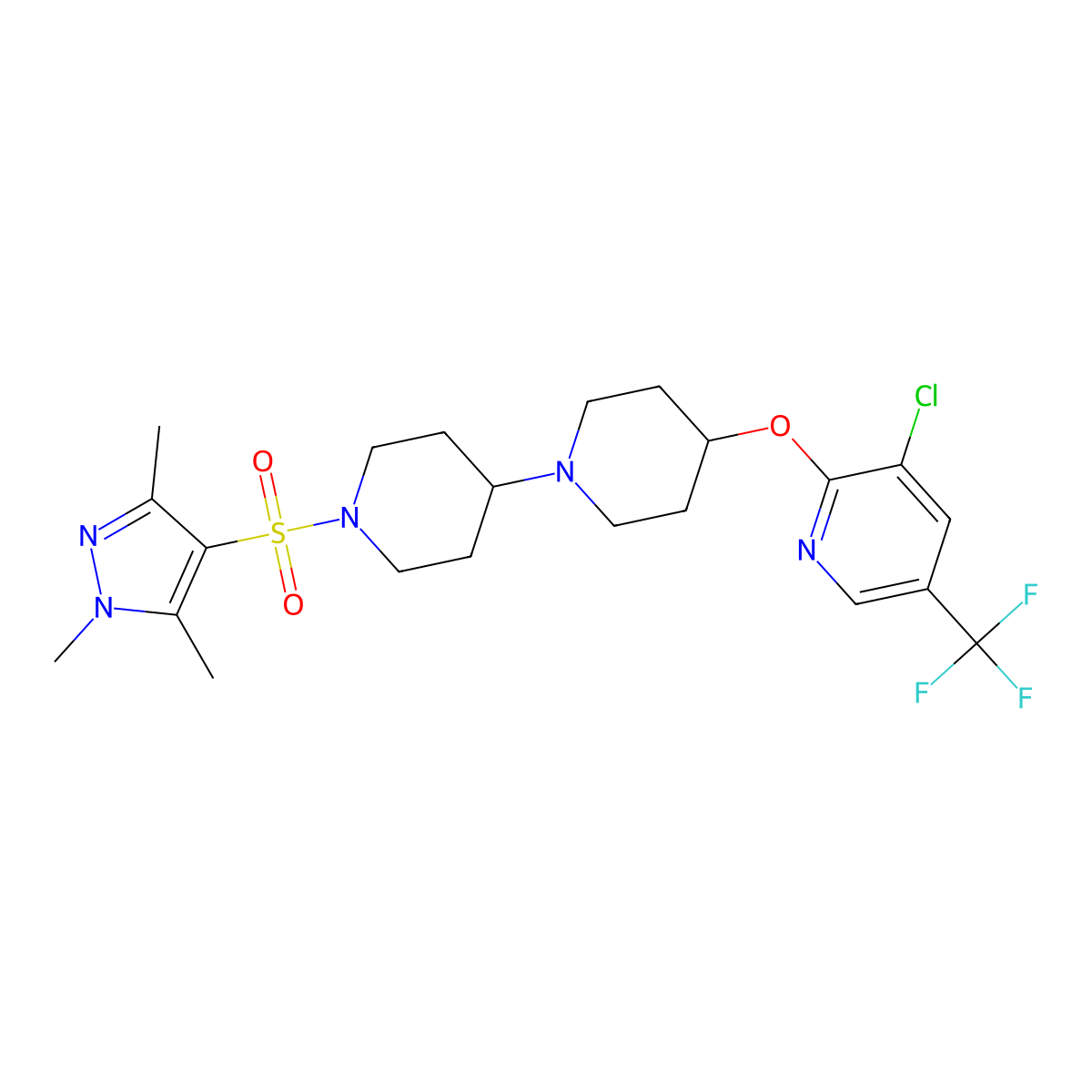 4-{[3-chloro-5-(trifluoromethyl)pyridin-2-yl]oxy}-1'-[(1,3,5-trimethyl-1H-pyrazol-4-yl)sulfonyl]-1,4'-bipiperidine molecular structure, CAS 2097938-03-7