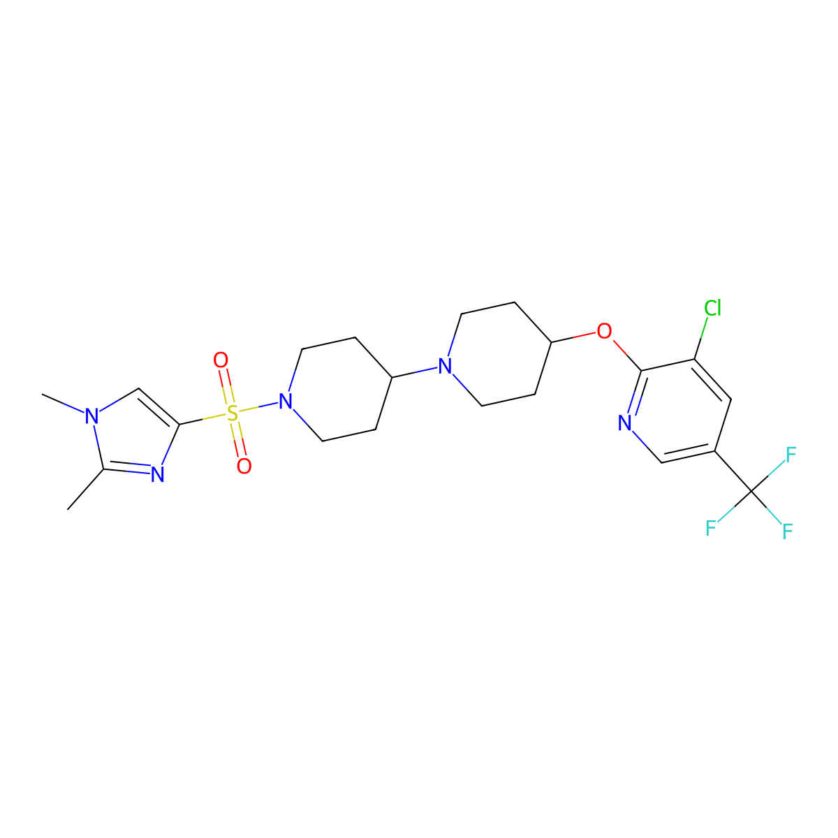 4-{[3-chloro-5-(trifluoromethyl)pyridin-2-yl]oxy}-1'-[(1,2-dimethyl-1H-imidazol-4-yl)sulfonyl]-1,4'-bipiperidine molecular structure, CAS 2097938-04-8
