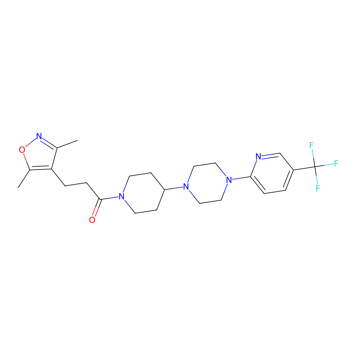 3-(3,5-Dimethyl-1,2-oxazol-4-yl)-1-(4-{4-[5-(trifluoromethyl)pyridin-2-yl]piperazin-1-yl}piperidin-1-yl)propan-1-one molecular structure, CAS 2097938-06-0
