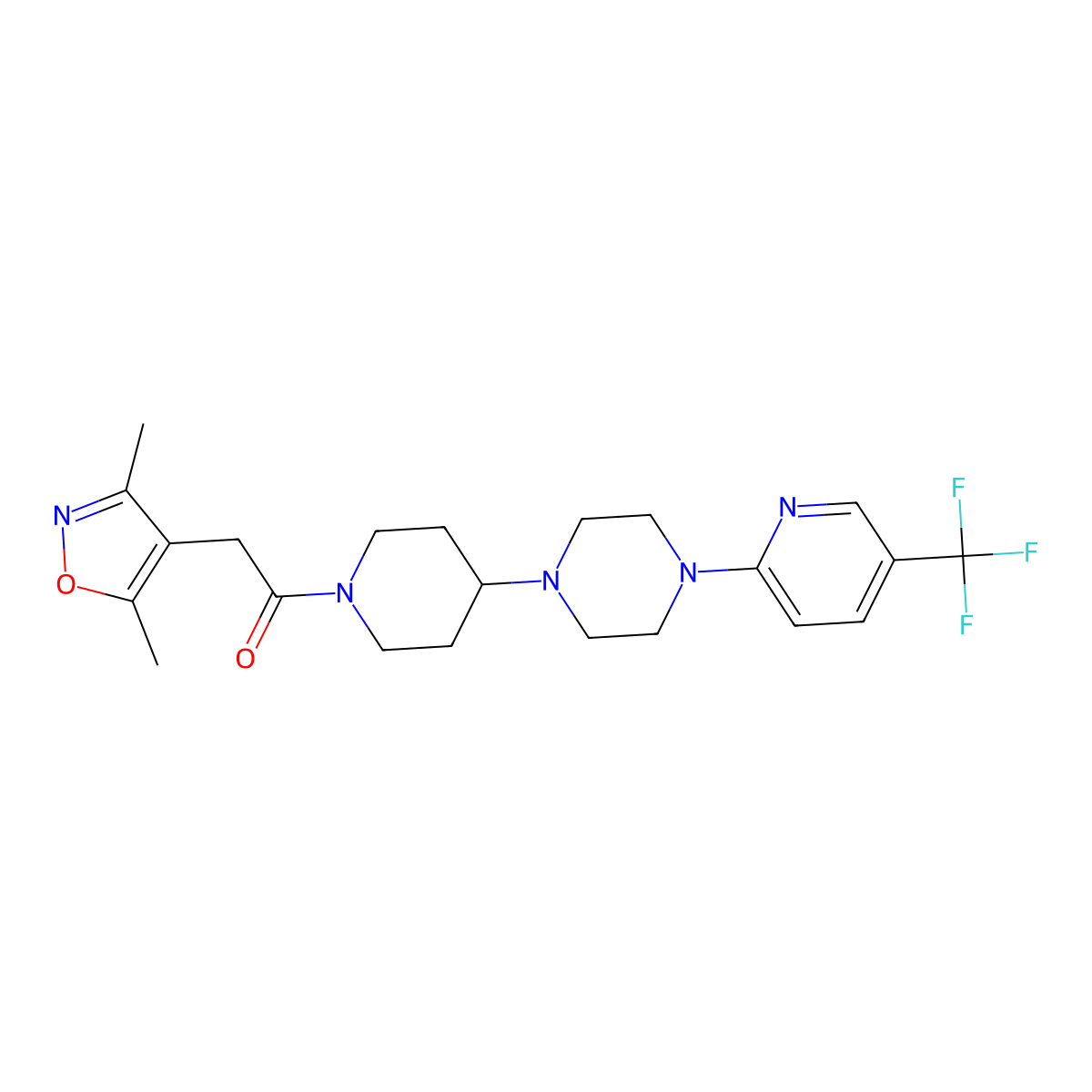 2-(3,5-Dimethyl-1,2-oxazol-4-yl)-1-(4-{4-[5-(trifluoromethyl)pyridin-2-yl]piperazin-1-yl}piperidin-1-yl)ethan-1-one molecular structure, CAS 2097938-07-1