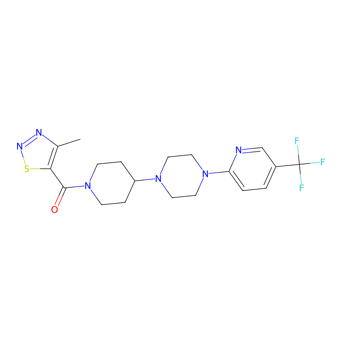 1-[1-(4-Methyl-1,2,3-thiadiazole-5-carbonyl)piperidin-4-yl]-4-[5-(trifluoromethyl)pyridin-2-yl]piperazine molecular structure, CAS 2097938-08-2