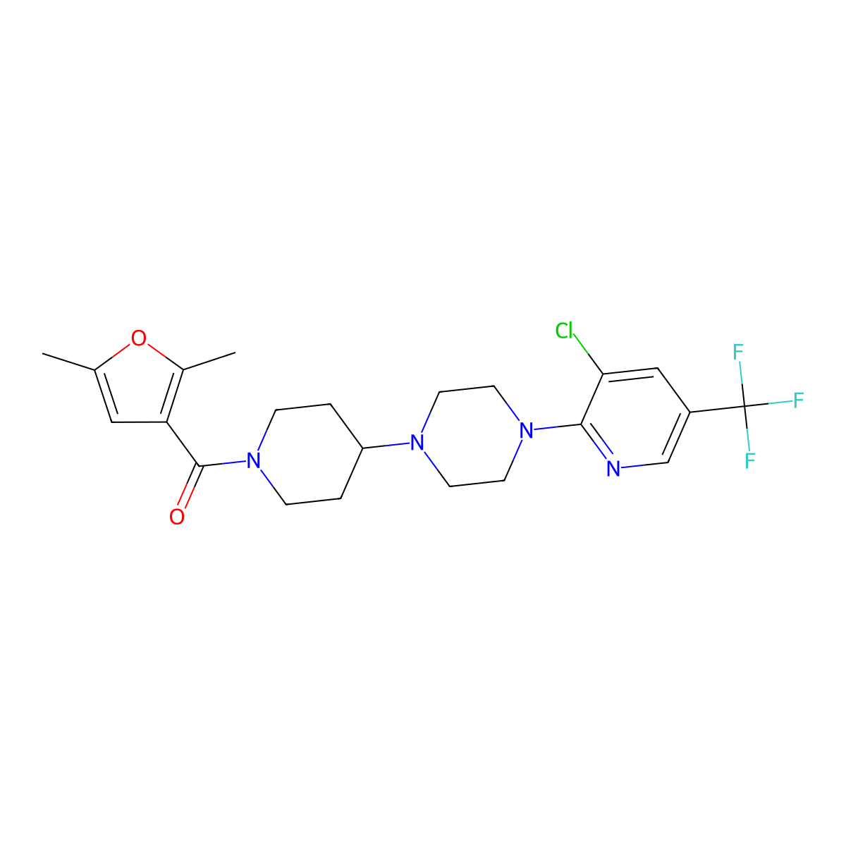 1-[3-Chloro-5-(trifluoromethyl)pyridin-2-yl]-4-[1-(2,5-dimethylfuran-3-carbonyl)piperidin-4-yl]piperazine molecular structure, CAS 2097938-11-7