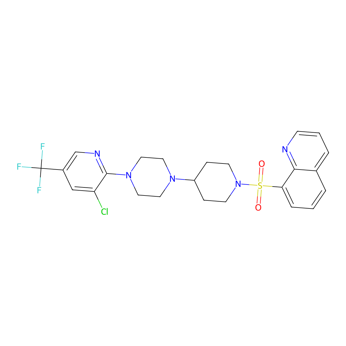 8-[(4-{4-[3-Chloro-5-(trifluoromethyl)pyridin-2-yl]piperazin-1-yl}piperidin-1-yl)sulfonyl]quinoline molecular structure, CAS 2097938-12-8
